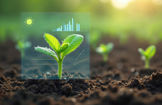 Green sprout grows in soil with futuristic interface overlay showing sun and data charts. Digital farming tech monitors plant growth, analyzing progress with virtual charts and graphs.