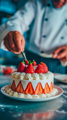 Chef cake strawberries dessert baking pastry culinary kitchen chef's coat chef hat chef knife frosting decoration garnish food preparation bakery sweet treat