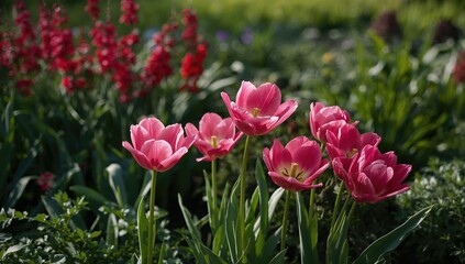Vibrant pink tulips flourishing in a sun-drenched garden, enhancing visual appeal, Earth Day