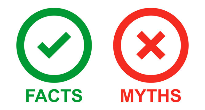 Facts vs myths icons with check mark icon button myths facts label banner with checkmark icon. popup buttons