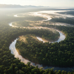 Serpentine River in Lush Landscape: An aerial perspective of a winding river snakes its way through a verdant, vibrant forest, its curves embraced by a gentle mist under a golden sunrise.