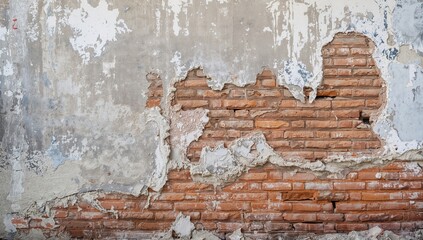 Aged brick wall with crumbling plaster, potential for restoration, preservation