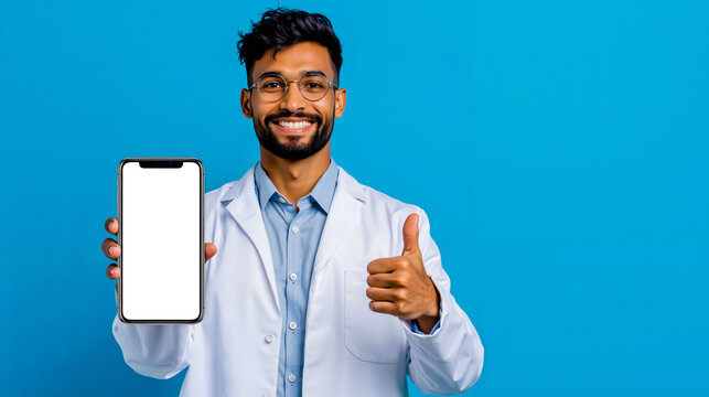 Smartphone technology man doctor professional thumbs up approval endorsement innovation modern communication gadget device screen cell phone tech digital