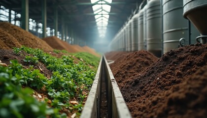 Composting plant processes organic food waste into rich soil. Greens grow beside mounds of compost in large industrial building. Recycling, sustainability, resource management.