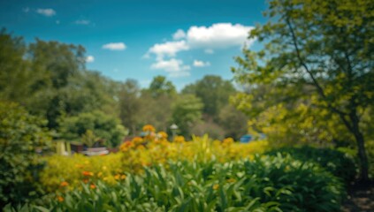 Fototapeta premium Image of a garden in summer, showcasing vibrant greenery and blooming plants, emphasizing seasonal beauty