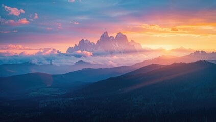 Vibrant mountain landscape at dawn with a colorful sky, showcasing seasonal change