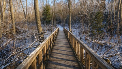 Wooden bridge along forest trails under bright winter sunlight, seasonal change