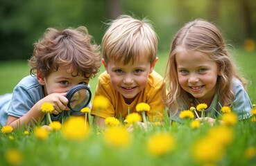 Three children explore nature with magnifying glass. Kids lie on grass with yellow flowers. Boy examines flower with magnifying glass. Children learn botany and ecology in garden.