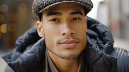 Young asian male in casual jacket with cap outdoors