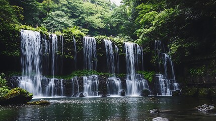 Multi tier waterfall sparkling under bright sunlight high resolution picture