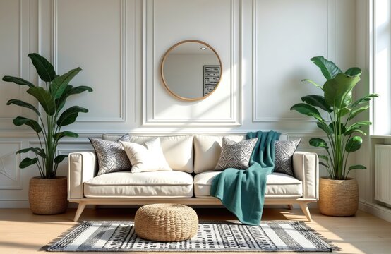 Stylish living room interior modern sofa with pillows, cozy throw blanket. Large green houseplants in woven pots flank couch. Round mirror hangs on elegant white wall panels. Woven pouf on geometric