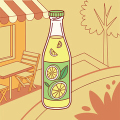 Vector illustration of a lemonade bottle with citrus slices and leaves, placed in a sunny outdoor cafe setting. Perfect for beverage branding, summer drink promotions, cafe menus, packaging design