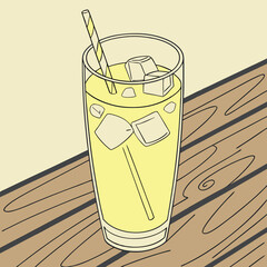 Minimal vector illustration of a tall glass filled with a refreshing lemon drink and ice cubes. Clean pastel palette, wooden table background, and simple line style make it ideal for cafe menus etc