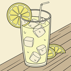 Bright vector illustration of a glass of fresh lemonade with ice cubes, lemon slices, and a straw on a wooden table. Minimal pastel style perfect for cafe and restaurant menus, etc