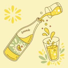 Bright vector illustration of lemonade being poured from a bottle into a glass. Dynamic splash elements, citrus theme, and warm pastel palette make it perfect for beverage branding, summer drink promo