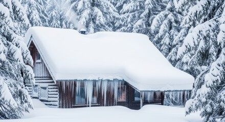 A cozy wooden cabin nestled deep within a snow-covered forest, with icicles hanging from the roof.