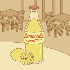 Vector illustration of a lemonade bottle with lemons in a cozy cafe interior. Minimal pastel color palette and clean lines make it perfect for beverage branding, cafe menu design, etc