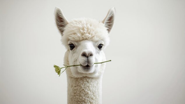 White alpaca close-up with a flower in its mouth, gentle demeanor, suitable for editorial header background