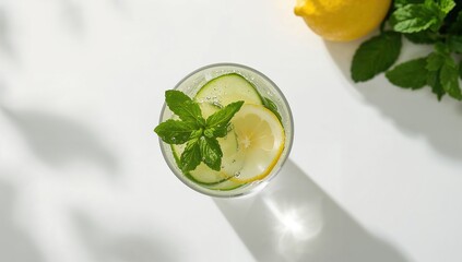 Top view of a glass containing a non-alcoholic vegetarian cocktail made with cucumber, lemon, and mint, suitable as a background for text