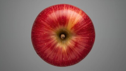 Bottom view of a small red apple, showcasing the calyx and common features, emphasizing its natural shape