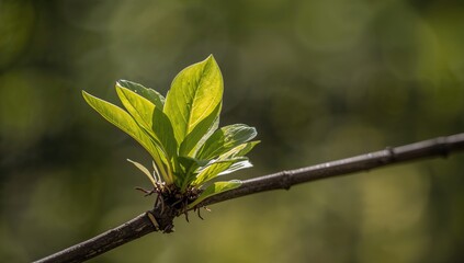 Vibrant green young leaves emerging on a tree branch, indicating seasonal growth, enhanced by sunlight, Earth Day