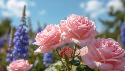 Delicate pink roses blooming in a garden, ideal for a gift card backdrop