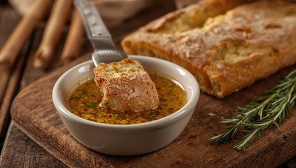 Bread immersed in olive oil infused with herbs and spices, a fiber-dense choice