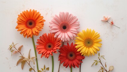 Vibrant gerbera flowers in autumn hues set against a white natural background, seasonal change