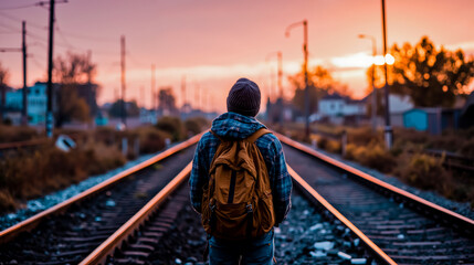 Backpack train tracks sunset silhouette hoodie travel journey railroad adventure landscape sky horizon solitude contemplation nature photography