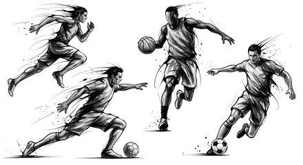 Dynamic black and white sketches of various male athletes in action, including running, basketball, and soccer players.