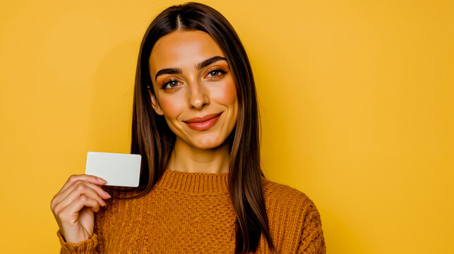Woman smile card happy portrait yellow background makeup fashion sweater beauty model photography lifestyle social media influencer content creator
