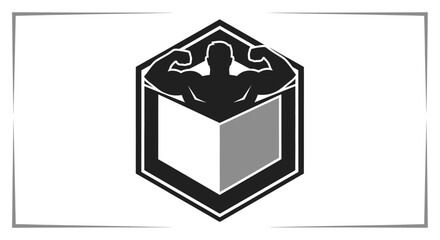 A black and white logo featuring a muscular male silhouette emerging from an open hexagonal box, symbolizing strength and fitness.