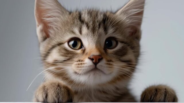 Adorable kitten with paws on white surface looking curiously at camera