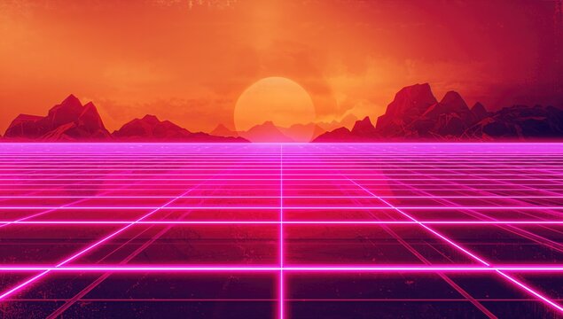 Neon luminous vintage wireframe poster featuring the sun, suitable for retro-themed graphic design