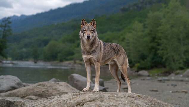 Wolfdog Saarloos resting on river stones, natural habitat presence, Earth Day