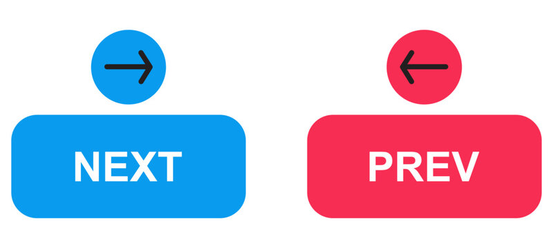 next and previous buttons with arrow right left icon in modern label banner. back prev and next button