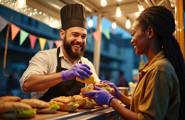 Smiling man in chef hat adds mustard to sandwich at food truck. Happy afro american woman customer receives order. Outdoor urban cafe with colorful flags serving fast food.