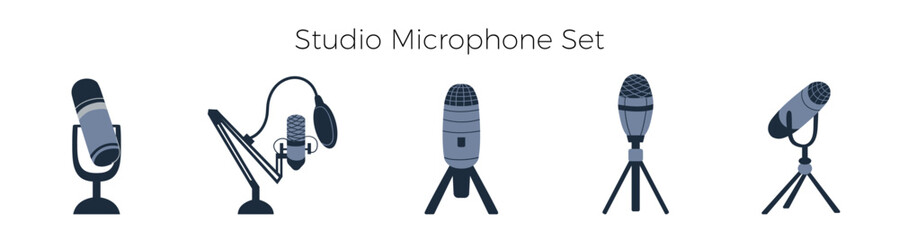 Studio microphones set isolated on a white background. Vector illustration, flat doodle, hand-drawn. Horizontal banner. Gray-black microphones. Podcast and streaming equipment.