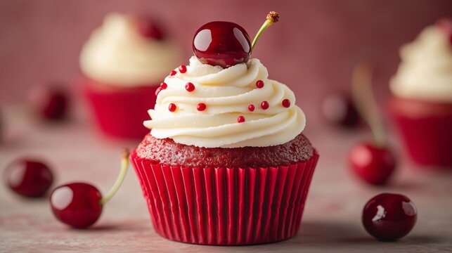 Red Velvet Cupcake With Cherry Topping and Sprinkles on a Dessert Table