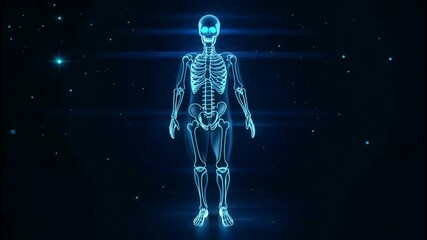 Futuristic Human Skeleton Hologram Displayed in Dark Space with Glowing Particles. - Powered by Adobe