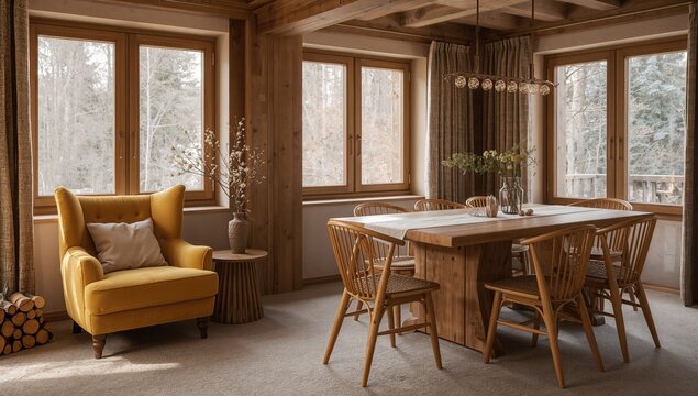 Natural apartment with dining area showcasing warm wooden decor, emphasizing relaxation and comfort