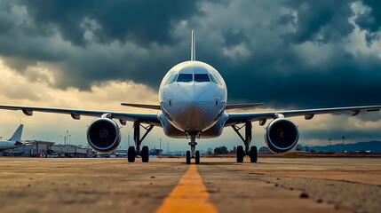 Airplane airport runway cloudy sky jet aircraft airliner air travel airline air transport airplane wing air traffic airfield aviation airway