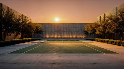 Tennis court sunset wall trees fence court lighting sun sky building outdoor evening recreation sports urban architecture