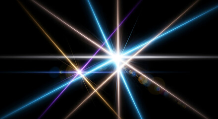 Dynamic burst of vibrant neon light streaks radiating outward with starburst effect, perfect for futuristic tech or energetic themes