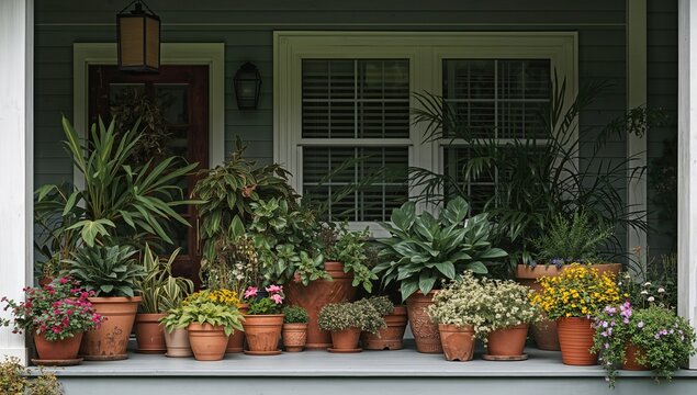 A residence adorned with a diverse array of potted plants on the porch, showcasing balance and harmony in arrangement