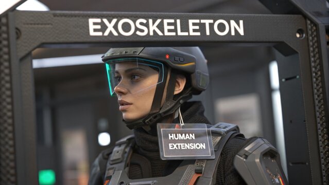 Woman Wearing Futuristic Exoskeleton Helmet System Close Up