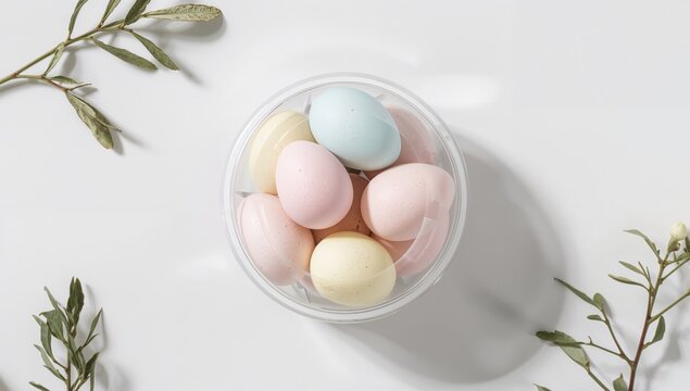 Pastel colored Easter eggs arranged in clear round packaging, ideal for seasonal sales displays