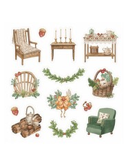 Collection of cozy autumnal and winter themed watercolor stickers featuring furniture candles and decorative elements