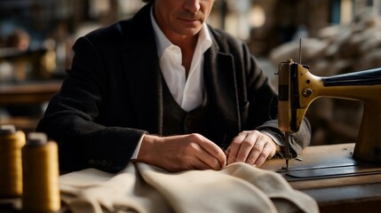 Close-up of a tailor’s hands guiding aged wool through a sewing machine, transforming it into a sleek modern cut. The tactile details of thread, fabric, and motion emphasize sustainability,