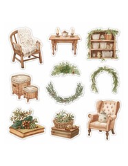 Collection of watercolor stickers featuring rustic furniture woven baskets greenery and home decor elements